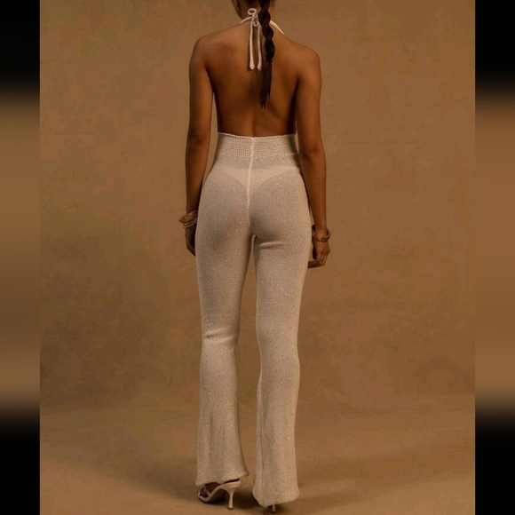 Halterneck Extreme Plunge Front Tie Waist Sequin Crochet Knit Flared Jumpsuit - Picture 2 of 4
